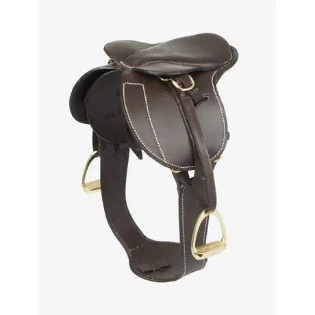 Brown leather lemieux toy pony jump saddle with gold metal stirrups and stud girth brown stitching detail