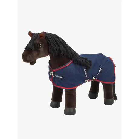 A plush dark brown lemieux toy pony wearing a navy mesh cooler with red trim and silver buckles