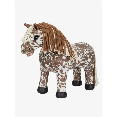 A plush lemieux toy pony montana with a brown and white spotted pattern and a long tan mane and black hooves