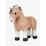 A plush lemieux toy pony oskar with tan body white legs black hooves and a black and white mane
