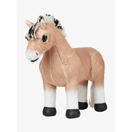 A plush lemieux toy pony oskar with tan body white legs black hooves and a black and white mane