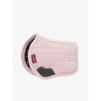 Pink quilted lemieux toy pony saddle pad blossom with black accents and red lemieux brand tag