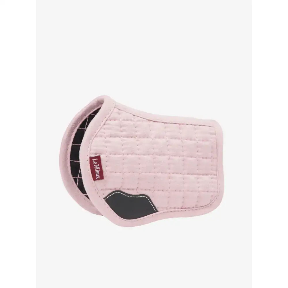 Pink quilted lemieux toy pony saddle pad blossom with black accents and red lemieux brand tag