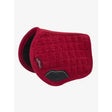 Red quilted lemieux saddle pad with black leather accents and lemieux toy pony tag in pony pad chilli color