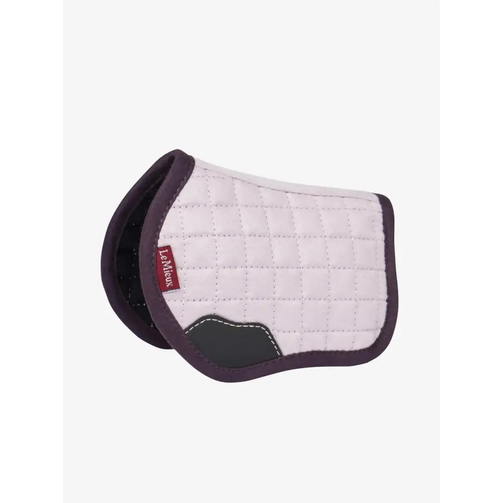 White quilted lemieux toy pony saddle pad lilac with dark purple trim and black contrasting patch with brand label