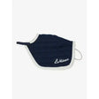 Navy blue textured face mask with white embroidered trim and lemieux branding perfect for lemieux toy pony use
