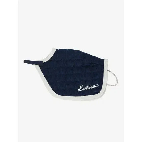 Navy blue textured face mask with white embroidered trim and lemieux branding perfect for lemieux toy pony use