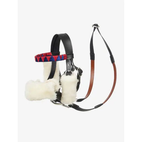 Horse bridle with red and blue band and white fur accents in Lemieux Toy Pony Racing Bridle Set