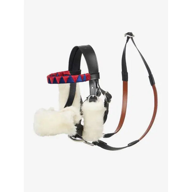 Horse bridle with red and blue band and white fur accents in Lemieux Toy Pony Racing Bridle Set