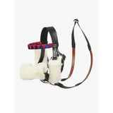 Black leather lemieux toy pony racing bridle set with red blue trim and white faux fur cheek padding