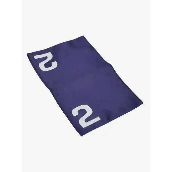 Navy blue lemieux toy pony racing cloth with bold white 2 numerals on each corner for mini lemieux pony use
