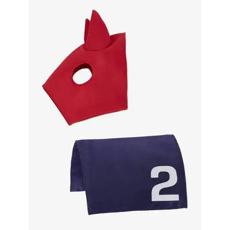 Red felt horse hood with pointed ears and navy blue pony racing cloth with white number 2 for lemieux toy pony