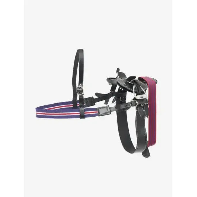 Black leather lemieux toy pony racing saddle set halter with navy white and red striped headpiece