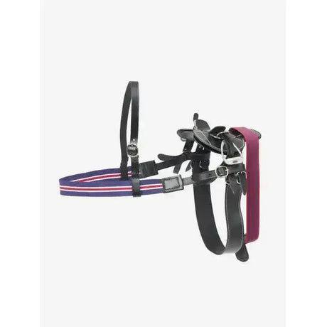 Black leather lemieux toy pony racing saddle set halter with navy white and red striped headpiece