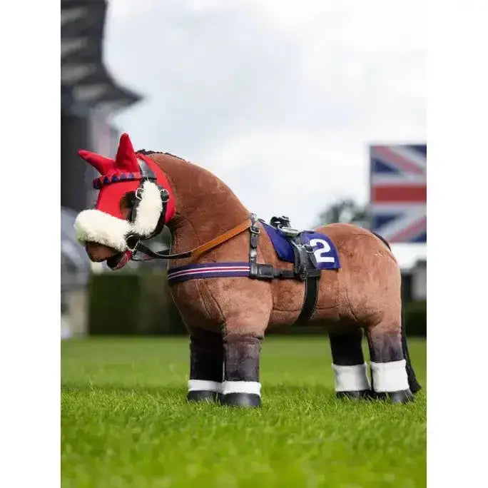 A plush brown lemieux toy pony with red bridle and blue number 2 pony racing saddle from racing saddle set black