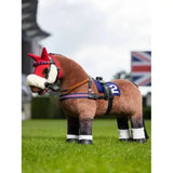 A plush brown lemieux toy pony with red bridle and blue number 2 pony racing saddle from racing saddle set black