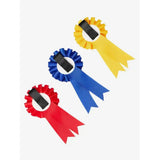 Three colorful satin lemieux toy pony rosettes in red blue and yellow with black adhesive backing pony rosette pack