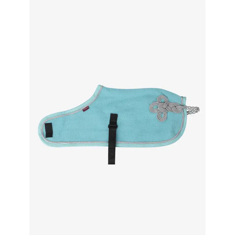 A light blue plush lemieux toy pony rug azure with silver rope knot and chain detail perfect as a saddle pad