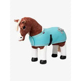 A plush brown lemieux toy pony with white legs wearing a light blue pony rug azure with silver emblem saddle pad