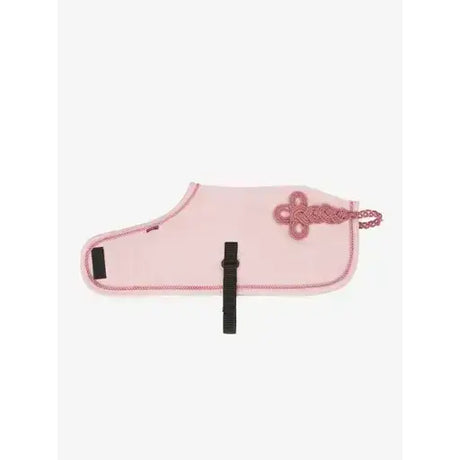Pink lemieux toy pony fleece rug with decorative knotted rope design and black strap accents pony rug blossom
