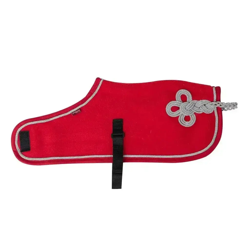 Red lemieux toy pony rug chilli with white stitched trim silver rope knot and black straps for secure fit