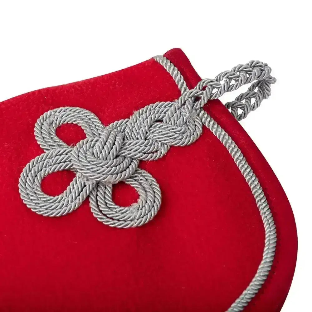 Red velvet lemieux toy pony pouch with silver rope knot and braided handle for the lemieux fleece pony rug chilli