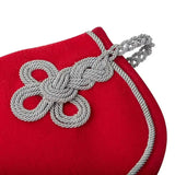 Red velvet lemieux toy pony pouch with silver rope knot and braided handle for the lemieux fleece pony rug chilli