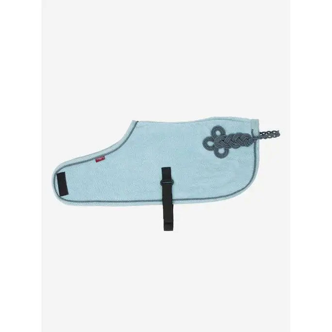 Light blue Lemieux Toy Pony Rug Glacier with black strap and flower detail