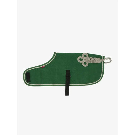 Green lemieux toy pony rug in hunter green with white trim silver knot and black adjustable straps