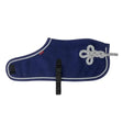 Navy blue lemieux toy pony fleece rug with white rope trim and silver knot design pony rug ink blue