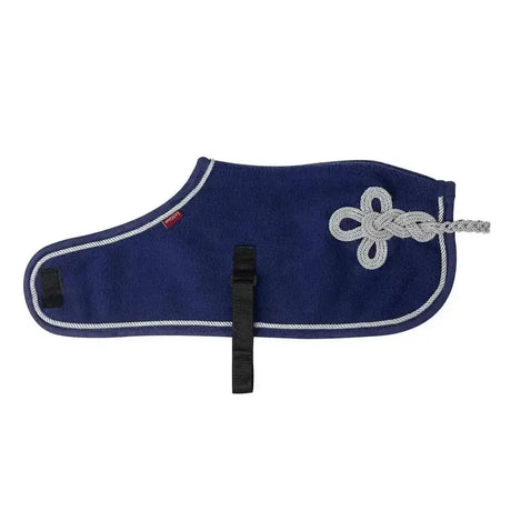Navy blue lemieux toy pony fleece rug with white rope trim and silver knot design pony rug ink blue