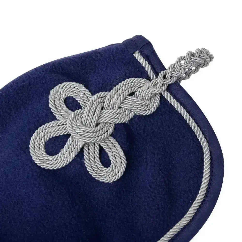 Navy blue lemieux fleece rug fleece hat with silver braided rope knot and trim from the lemieux toy pony ink blue range