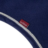 Navy blue lemieux fleece toy pony rug with white rope stitched border and red lemieux brand tag pony rug ink