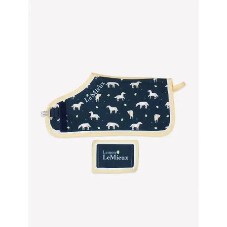 Navy blue lemieux toy pony rug lemon with horse pattern cream trim and branded tag perfect for ponies