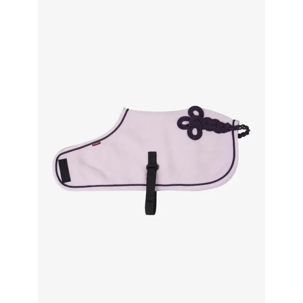 Lemieux toy pony rug lilac in light pink with black trim, braided neck cord, and adjustable strap for secure fit