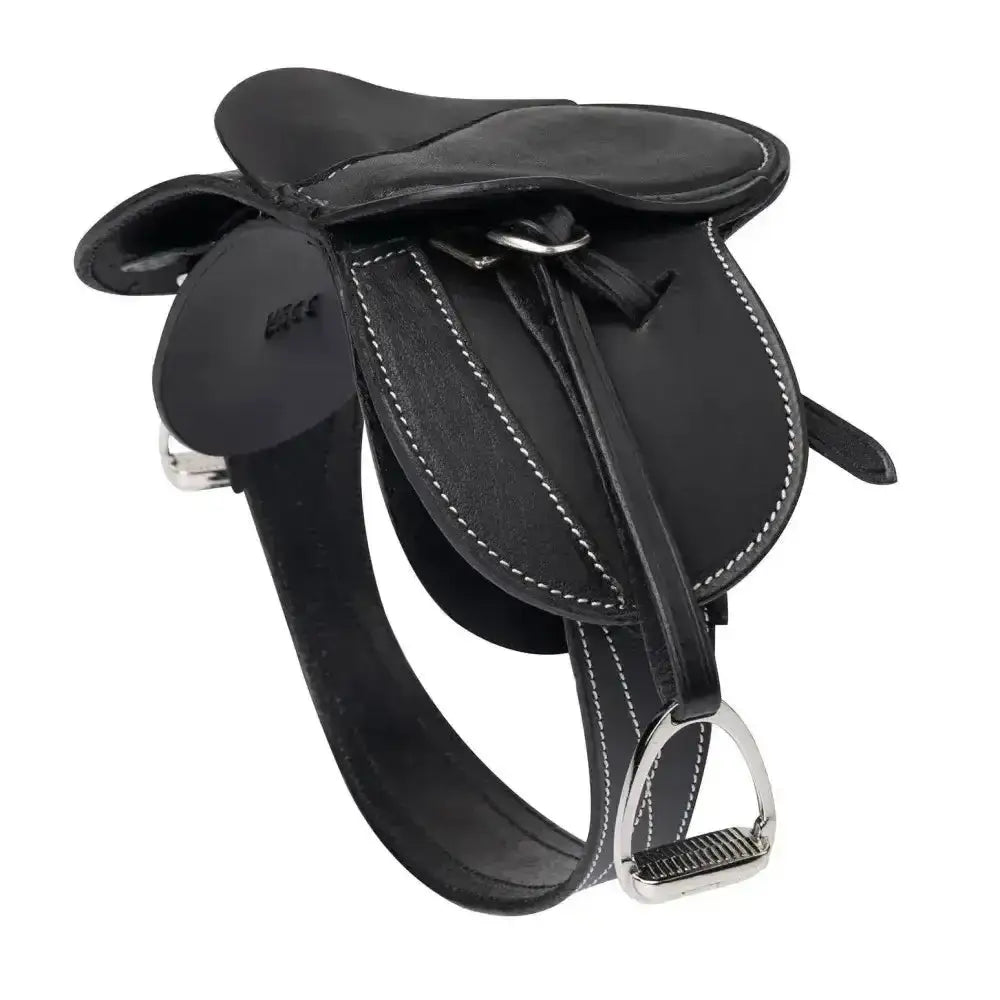 Black leather lemieux toy pony saddle with white stitching and silver metal stirrups, exquisitely crafted miniature saddle