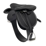 Black leather lemieux toy pony saddle with white stitching and silver metal stirrups, exquisitely crafted miniature saddle