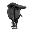 Black leather lemieux toy pony saddle with white stitching and silver stirrup crafted miniature saddle