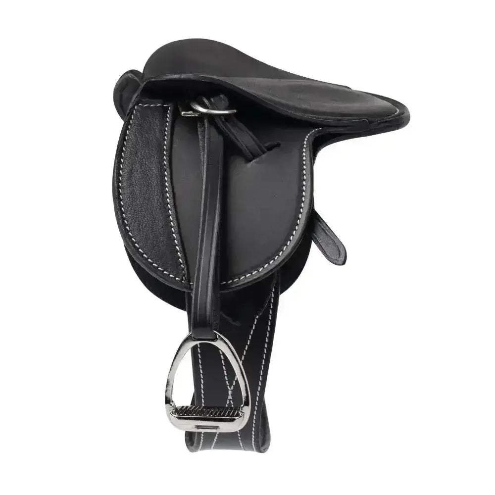 Black leather lemieux toy pony saddle with white stitching and silver stirrup crafted miniature saddle