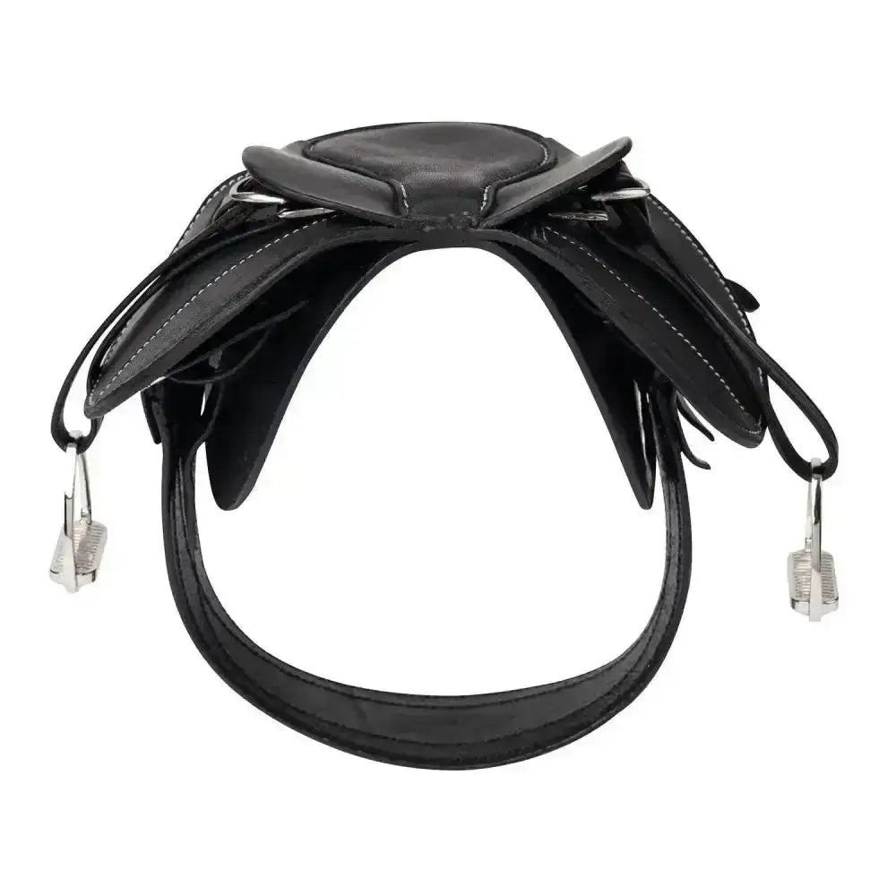 Black leather lemieux toy pony saddle with silver hardware and fringed detailing exquisitely crafted miniature saddle