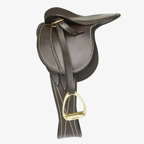 Dark brown leather lemieux toy pony saddle with white stitching and gold metal stirrup exquisitely crafted miniature