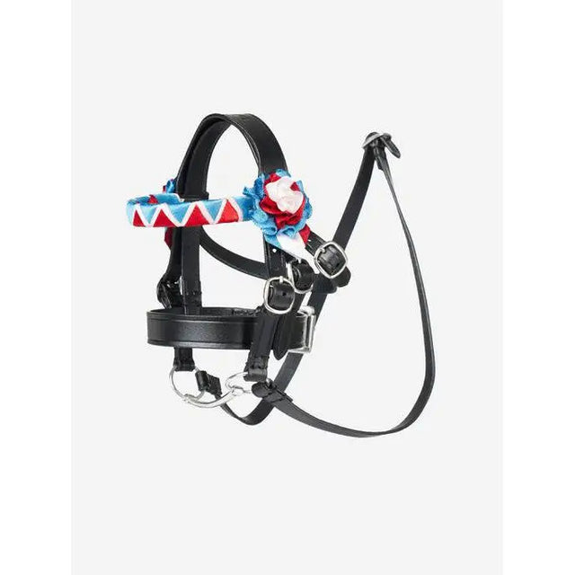 Horse halter with red, white, and blue trim for Lemieux Toy Pony Showing Bridle Black