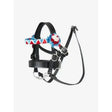 Black leather lemieux toy pony showing bridle black with red white and blue fabric band and embroidered floral accent