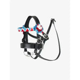Black leather lemieux toy pony showing bridle black with red white and blue fabric band and embroidered floral accent