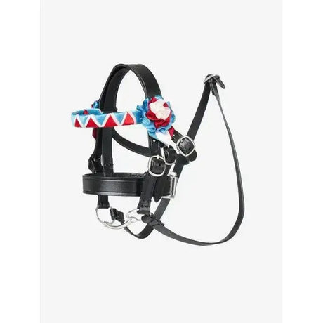 Black leather lemieux toy pony showing bridle black with red white and blue fabric band and embroidered floral accent