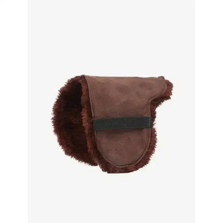 Brown lemieux toy pony showing numnah with soft sheepskin pad and dark green elastic strap for pony showing numnah brown