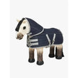 Navy blue quilted shower-resistant miniature turnout rug with gray trim and buckles for lemieux mini pony toys