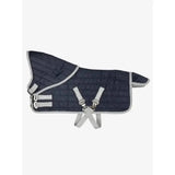 Dark navy quilted lemieux mini pony stable-tek miniature turnout rug with gray trim and adjustable straps shower-resistant