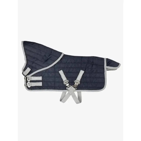 Dark navy quilted lemieux mini pony stable-tek miniature turnout rug with gray trim and adjustable straps shower-resistant