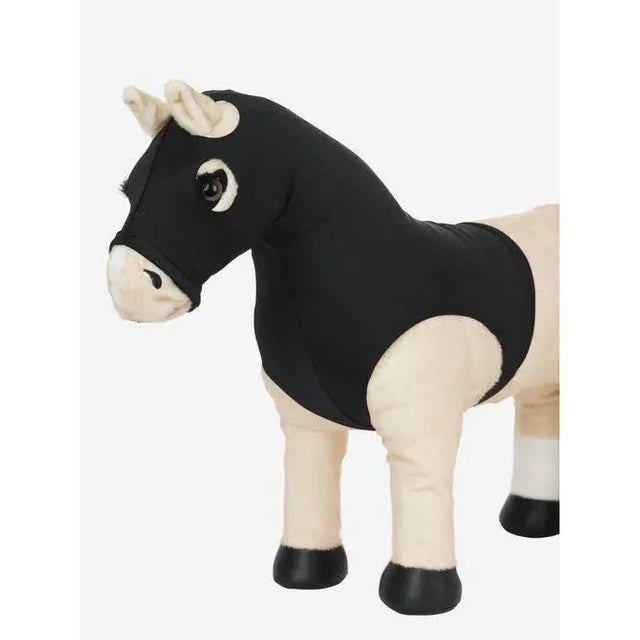 Black and cream Lemieux Toy Pony with horns in Stretch Hood Black design